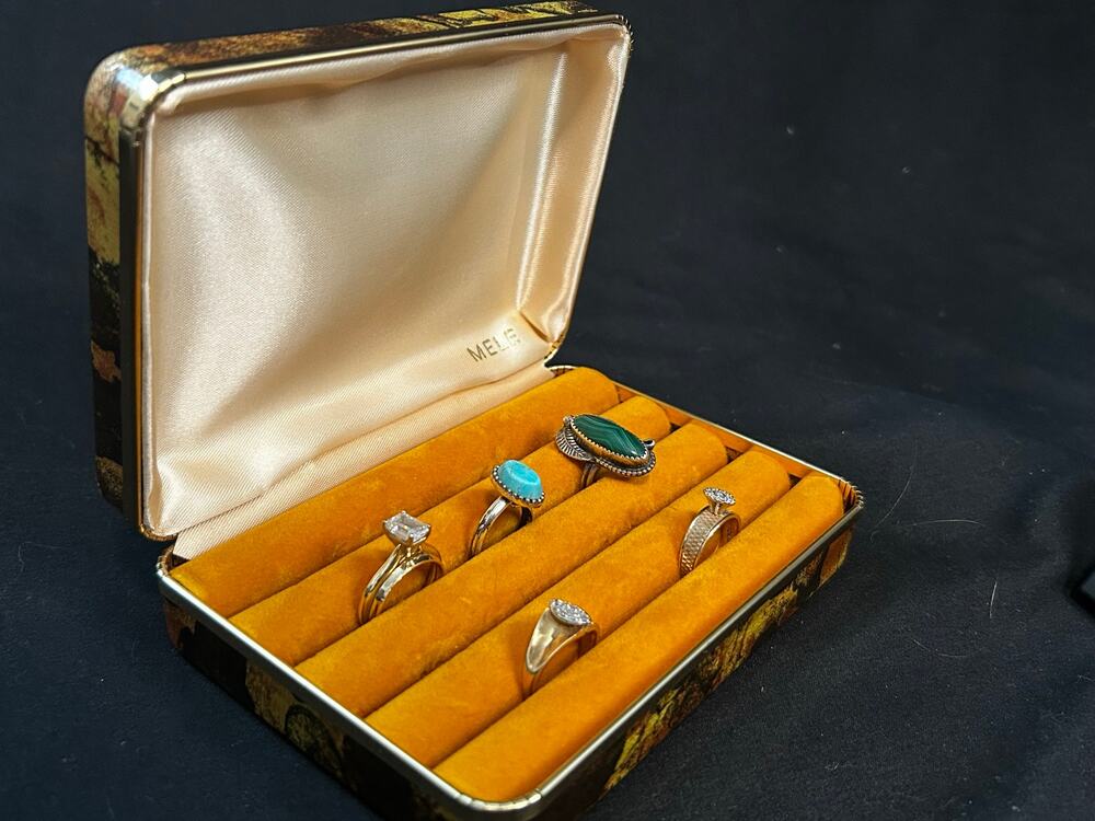 Vintage Mele MCM Floral Jewelry Box Ring Earring Case Mustard Velvet 1960s Mod